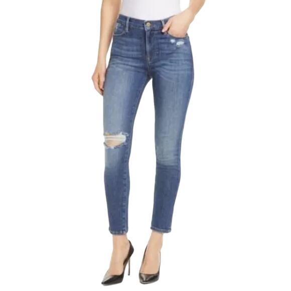 FRAME Le High Skinny Busted Knee Ankle Jeans in Saxton